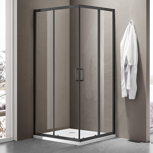 Душевое ограждение SANTREK AQUA Iris-CR-1000х900-C-Matt Black 1000х900х1850 Г-образное, стекло прозрачное 6мм, профиль Черный: фотография 1