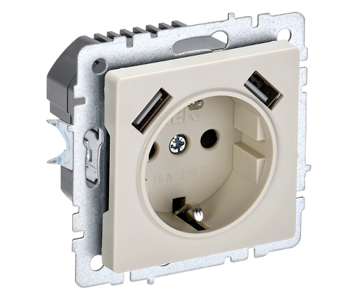 Розетка 1-местная BRITE РЮш10-1-БрКр с заземлением с защитными шторками 16А с USB A+A 5В 2,1А  механизм бежевый IEK BR-R14-16-U21-D21-K10: фотография 1