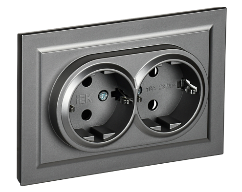 Розетка 2-местная BRITE РСш12-3-БрС с заземлением с защитными шторками 16А в сборе сталь IEK BR-R24-16-K46-F: фотография 1