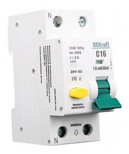 Выключатель автоматический дифференциального тока 2п (1P+N) C 16А 10мА тип AC ДИФ-103 6кА DEKraft 16200DEK: фотография 1
