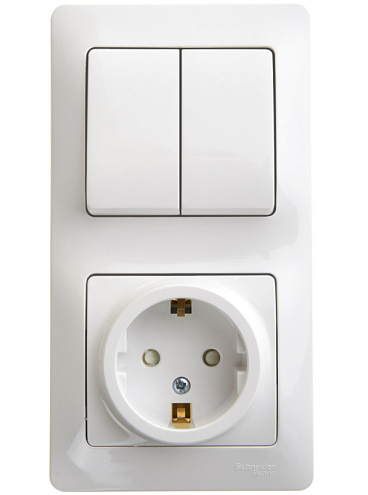 Блок комбинированный Glossa: розетка защитные шторки с заземлением + 2-клавишный выключатель, белый Systeme Electric GSL000174: фотография 1