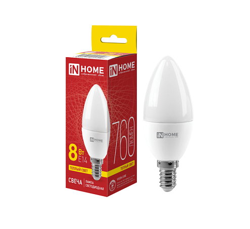 Лампа светодиодная LED-СВЕЧА-VC 8Вт 230В Е14 3000К 760Лм IN HOME 4690612020426: фотография 1
