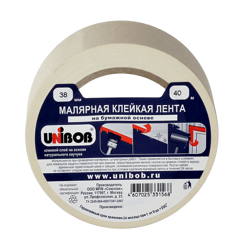 Малярная клейкая лента 38мм 40м, 125мкм, белая, Unibob: фотография 1