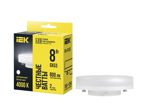 Лампа светодиодная T75 таблетка 8Вт 230В 4000К GX53 IEK LLE-T80-8-230-40-GX53: фотография 1
