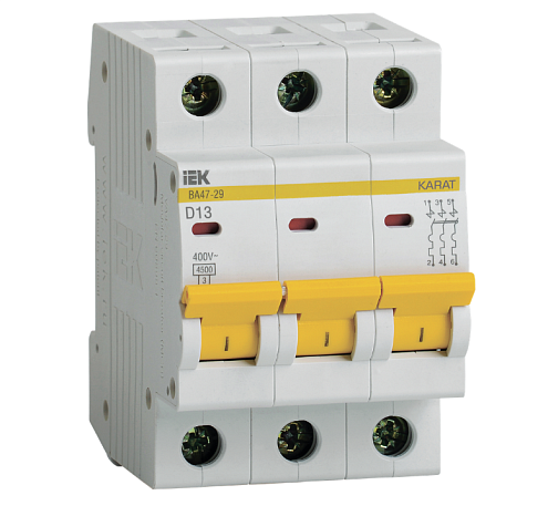 Выключатель автоматический модульный 3п D 13А 4.5кА ВА47-29 KARAT IEK MVA20-3-013-D: фотография 1