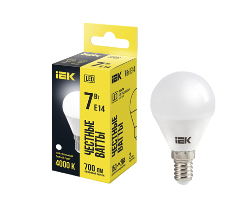 Лампа светодиодная G45 шар 7Вт 230В 4000К E14 IEK LLE-G45-7-230-40-E14: фотография 1