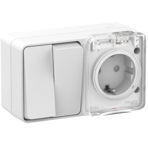 Блок AtlasDesign Profi IP54 : розетка 16А с заземлением защитные шторки + 2-клавишный выключатель 10А,  белый Systeme Electric ATN540174: фотография 1