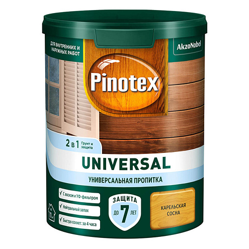 Пропитка Pinotex Universal 2в1, с воском и УФ-фильтром, для наружных и внутренних работ, Карельская сосна 0,9л : фотография 1