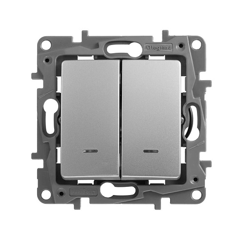 Механизм выключателя 2-клавиши СП Etika 10А IP20 с подсветкой алюминий Leg 672404: фотография 1