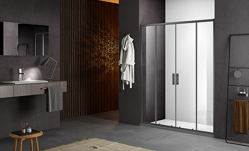 Душевое ограждение SANTREK AQUA Time- DF-1500-C-Matt Black 1500х1950 прямое стекло прозрачное 6мм, профиль Черный: фотография 1