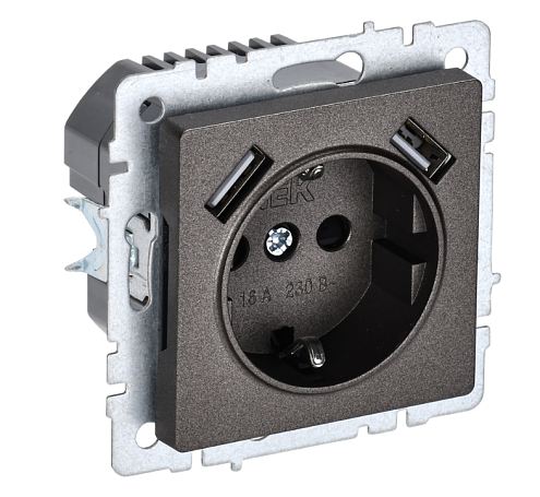 Розетка BRITE РЮш10-1-БрТБ 1-местная с заземлением с защитными шторками 16А с USB A+A 5В 2,1А механизм темная бронза IEK BR-R14-16-U21-D21-K45: фотография 1