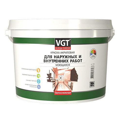 Краска ВГТ ВД-АК- 1180 для наружных и внутренних работ моющаяся &quot;Белоснежная&quot; 7кг: фотография 1