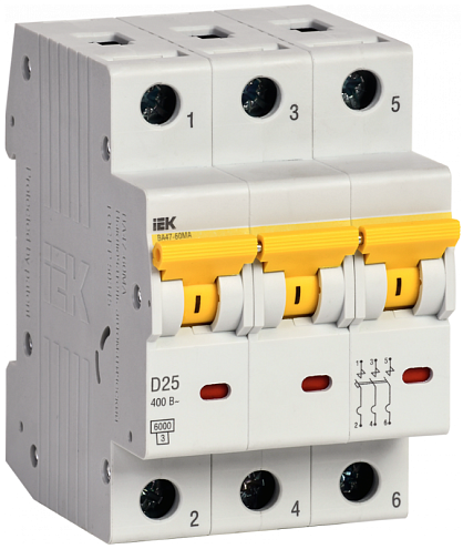 Выключатель автоматический модульный 3п D 25А 6кА ВА47-60МА без теплового расцепителя KARAT IEK MVA33-3-025-D: фотография 1
