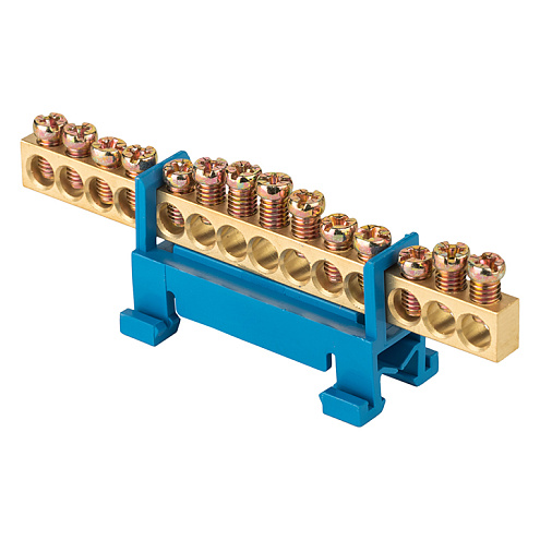 Шина нулевая N 6х9 14 отверстий синий изолятор тип &quot;Стойка&quot; на DIN-рейку латунь розн. стикер PROxima EKF sn0-63-14-sb-r: фотография 1