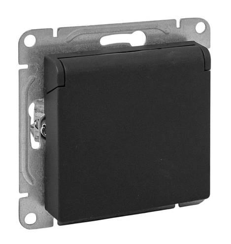 Розетка Эпика 16А IP44 с заземлением защитные шторки с крышкой механизм черный EKF UP1-SOB-111-44: фотография 1