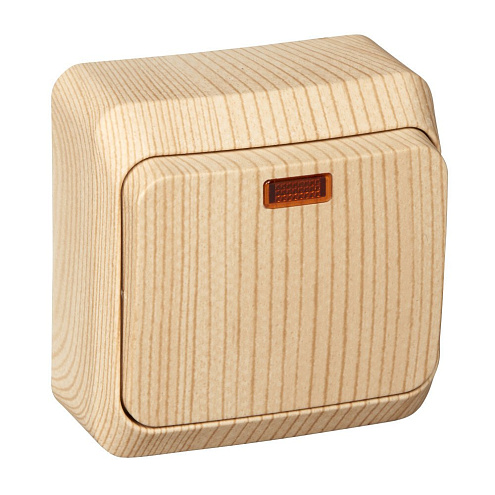 Выключатель 1-кл ОП Этюд Дача 10А IP20 с подсветкой сосна SE BA10-005D: фотография 1