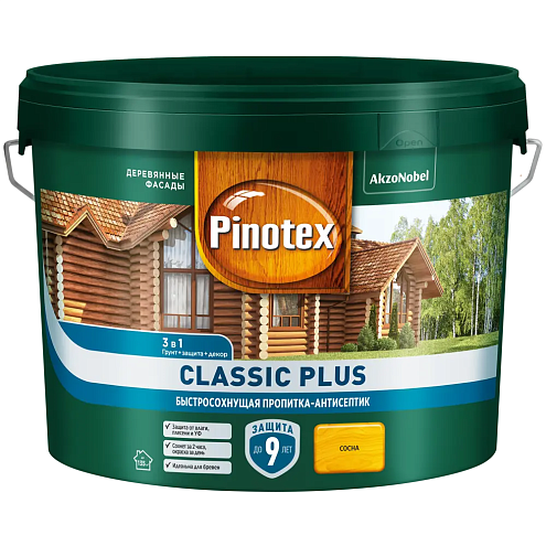 Пропитка-антисептик 3в1 Pinotex Classic Plus акрил-алкидная, Сосна, 9л: фотография 1