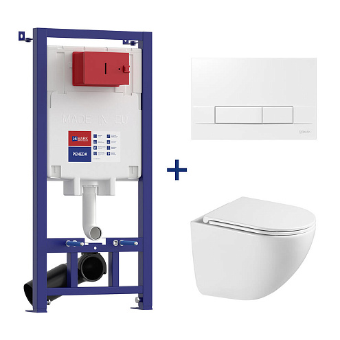 Комплект LEMARK 3в1: Инсталляция Lemark PENEDA для унитазов с кнопкой смыва BIT белый глянец + унитаз подвесной безободковый GLAZER Торнадо белый глянец: фотография 1