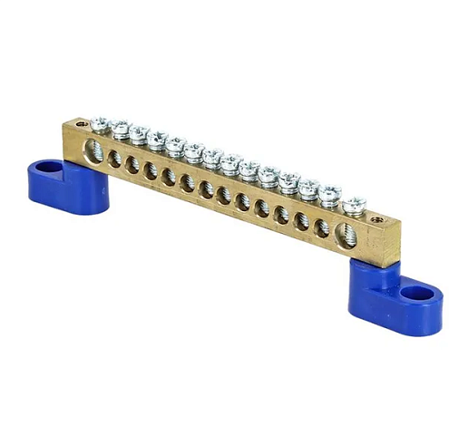 Шина нулевая N 6х9 14 отверстий латунь 2 синих  угловых изолятора PROxima EKF sn0-63-14-2: фотография 1