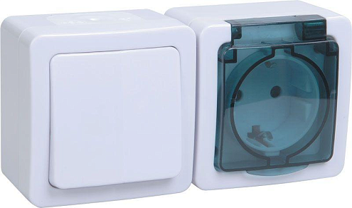 Блок ОП выключатель 1-кл. и розетка с заземл. контактом и крышкой для открытой установки бел. клавиша/дымчатая крышка БГб-22-31-ГПБд IP54 ГЕРМЕС PLUS IEK EBGMP20-K03-31-54-EC: фотография 1