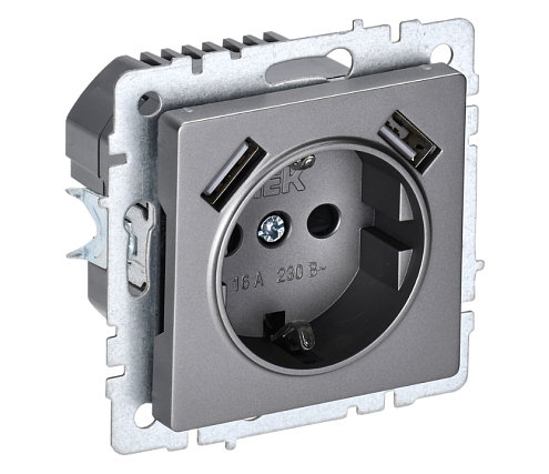 Розетка BRITE 1-местная с заземлением с защитными шторками 16А с USB A+A 5В 2,1А РЮш10-1-БрС механизм сталь IEK BR-R14-16-U21-D21-K46: фотография 1