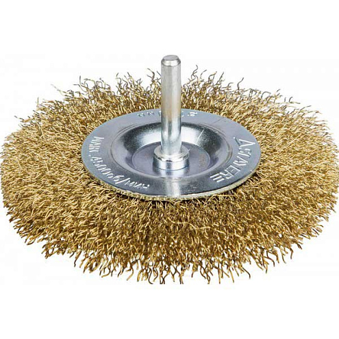 Дисковая щетка,  75мм, со шпилькой, витая стальная латунированная проволока 0,3мм, STAYER: фотография 1