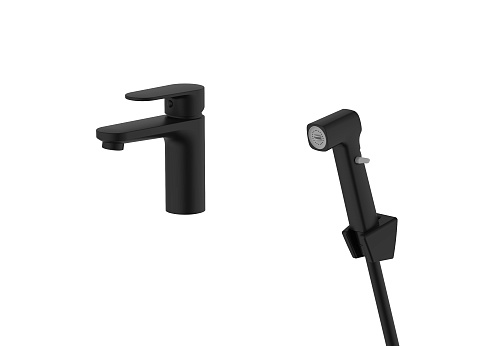 Смеситель для раковины 90 без донного клапана с гигиеническим ручным душем Aquatek Ника AQ1812MB, черный матовый  : фотография 1