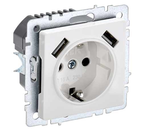 Розетка BRITE РЮш10-2-БрБ с заземлением с защитными шторками 16А с USB A+A 5В 3,1А механизм белый IEK BR-R14-16-U21-D31-K01: фотография 1