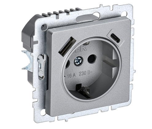 Розетка BRITE 1-местная с заземлением с защитными шторками 16А с USB A+C 18Вт РЮш11-1-БрА алюминий IEK BR-R14-16-U22-018-K47: фотография 1