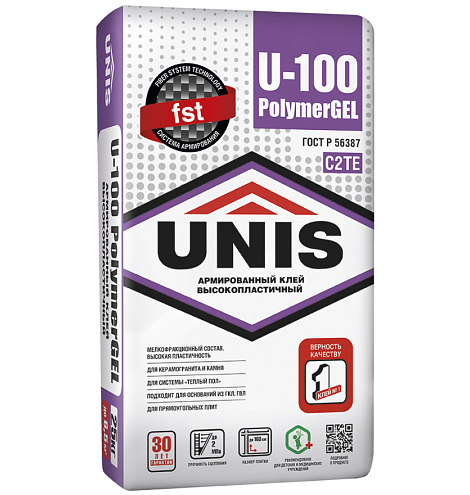 Клей плиточный эластичный Unis U-100 PolymerGEL клас С2 ТЕ 25кг: фотография 1