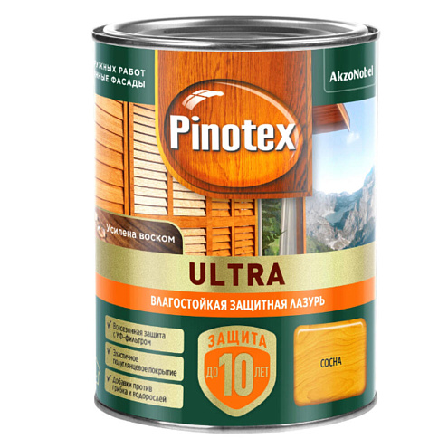 Влагостойкая лазурь с воском для дерева Pinotex Ultra Сосна 0,9л: фотография 1