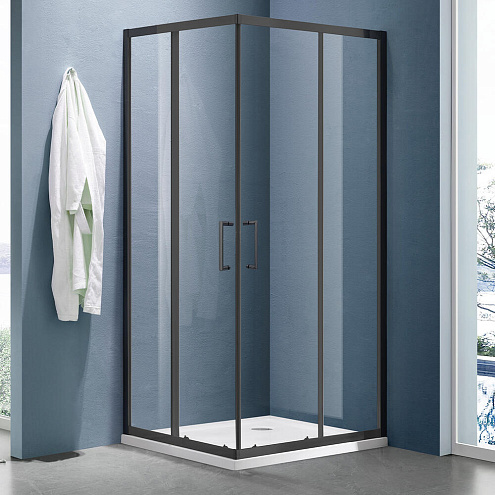 Душевое ограждение SANTREK AQUA Lea-CR-800-C-Matt Black 800*800*1850 Г-обр. стекло Прозр 5мм, профиль Чёрный: фотография 1