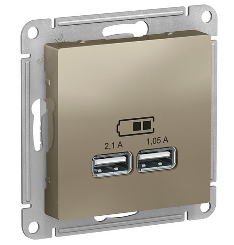 Механизм розетки USB ATLAS DESIGN 5В 1порт х 2.1А 2порта х 1.05А шампань SchE ATN000533: фотография 1