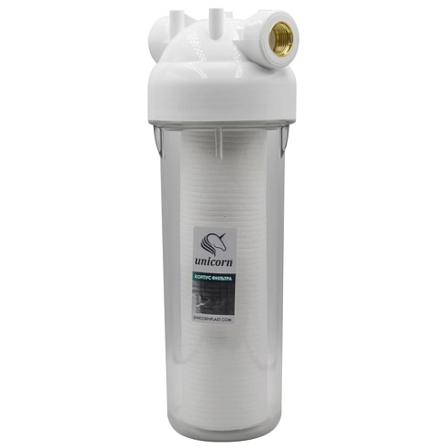 Фильтр магистральный 1/2'' для холодной воды, прозрачный корпус 10&quot; Unicorn KSBP 12 c картриджем PS1005: фотография 1
