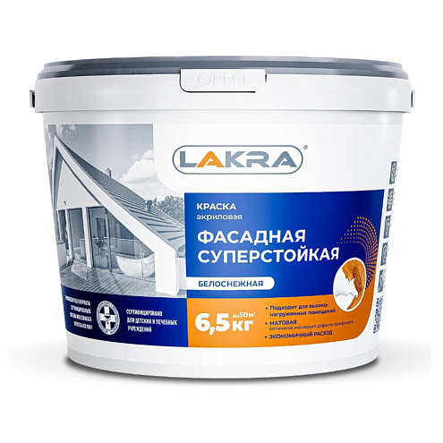 Краска Лакра фасадная акриловая суперстойкая белоснежная 6,5кг: фотография 1