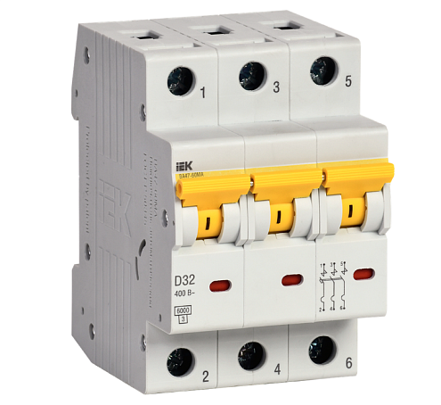 Выключатель автоматический модульный 3п D 32А 6кА ВА47-60МА без теплового расцепителя KARAT IEK MVA33-3-032-D: фотография 1