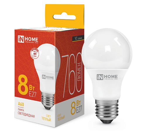 Лампа светодиодная LED-A60-VC 8Вт грушевидная 230В Е27 3000К 760Лм IN HOME 4690612024004: фотография 1