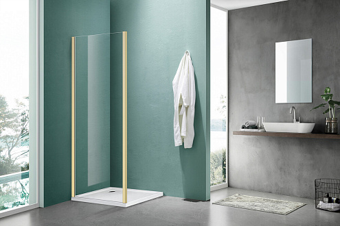 Боковая часть душевого ограждения SANTREK AQUA Iris- SP-900-C-Brushed Gold 900х1850 стекло прозрачное 6мм, профиль Брашированное золото : фотография 1