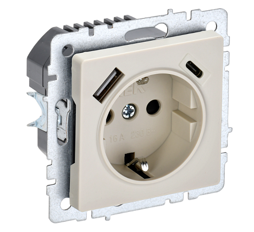 Розетка 1-местная BRITE РЮш11-1-БрКр с заземлением с защитными шторками 16А с USB A+C 18Вт  механизм бежевый IEK BR-R14-16-U22-018-K10: фотография 1