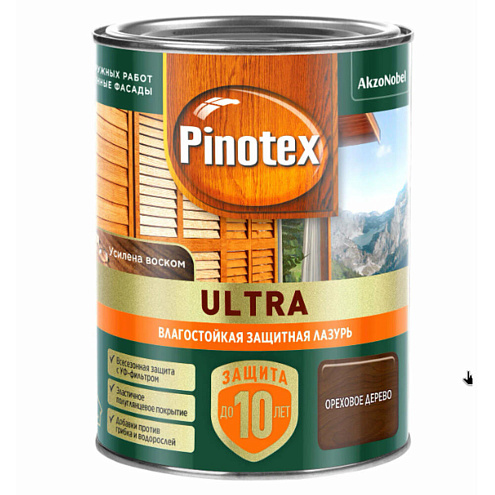 Влагостойкая лазурь с воском для дерева Pinotex Ultra Ореховое дерево 0,9л: фотография 1