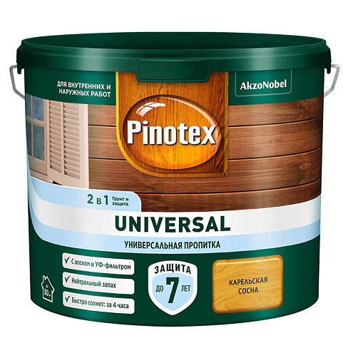 Пропитка Pinotex Universal 2в1, с воском и УФ-фильтром, для наружных и внутренних работ, Карельская сосна 2,5л : фотография 1