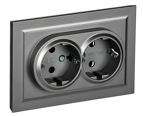 Розетка двойная BRITE РС12-3-БрС с заземлением без защитных шторок 16А в сборе сталь IEK BR-R21-16-K46-F: фотография 1