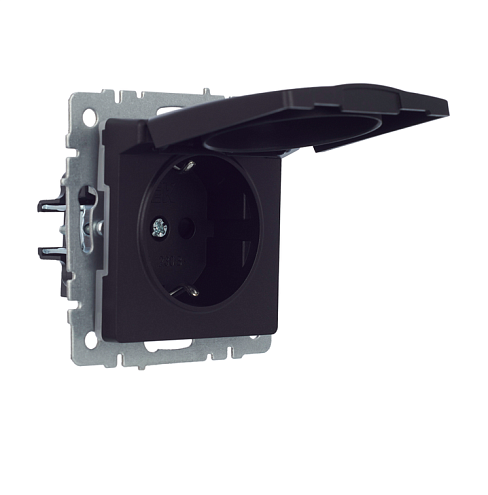 Розетка 1-местная Brite с заземлением с защитными шторками и крышкой 16А IP44 РСбш10-3-44-БрЧ черный IEK BR-R16-16-44-K02: фотография 1