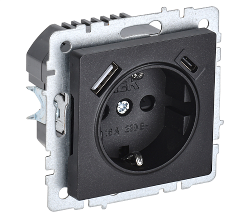 Розетка 1-местная BRITE РЮш11-1-БрЧ с заземлением с защитными шторками 16А с USB A+C 18Вт механизм черный IEK BR-R14-16-U22-018-K02: фотография 1
