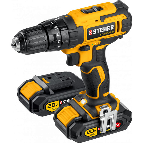 CDS-200 Ударная дрель-шуруповерт STEHER, 20V, 2АКБ 2Ач, 40Нм, БЗП, LED-подсветка, в кейсе: фотография 1