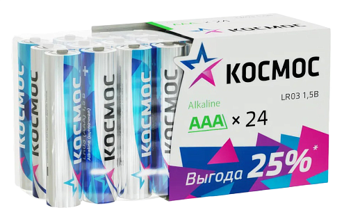 Элемент питания алкалиновый AAA/LR03 пластиковый бокс уп.24шт КОСМОС KOCLR03_24BOX: фотография 1