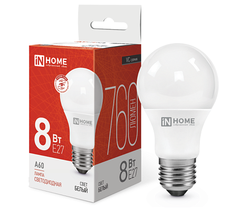 Лампа светодиодная LED-A60-VC 8Вт грушевидная 230В Е27 4000К 760Лм IN HOME 4690612024028: фотография 1