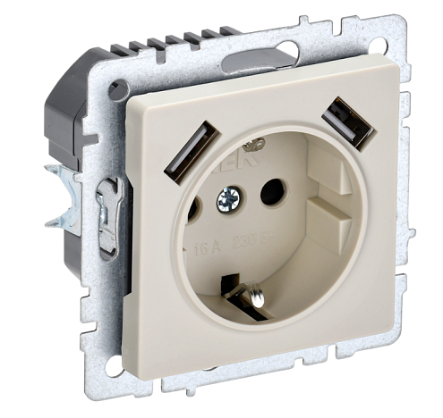 Розетка 1-местная BRITE РЮш10-2-БрКр с заземлением с защитными шторками 16А с USB A+A 5В 3,1А  механизм бежевый IEK BR-R14-16-U21-D31-K10: фотография 1