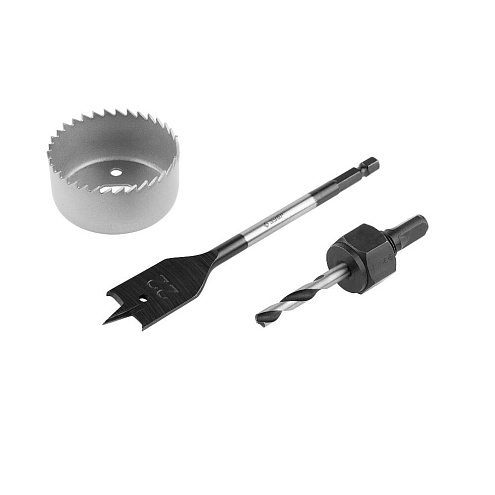 Набор для врезки замков, 7предметов - коронки d54 и d22, сверло-фреза d3, три шаблона, ЗУБР: фотография 1