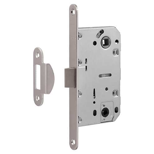 Замок М 13П-96 мм под фиксатор с пластиковым язычком, с ответной планкой матовый никель: фотография 1